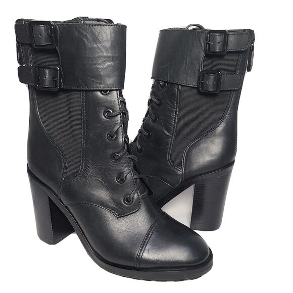 Tory Burch women combat boots black riding biker lace...